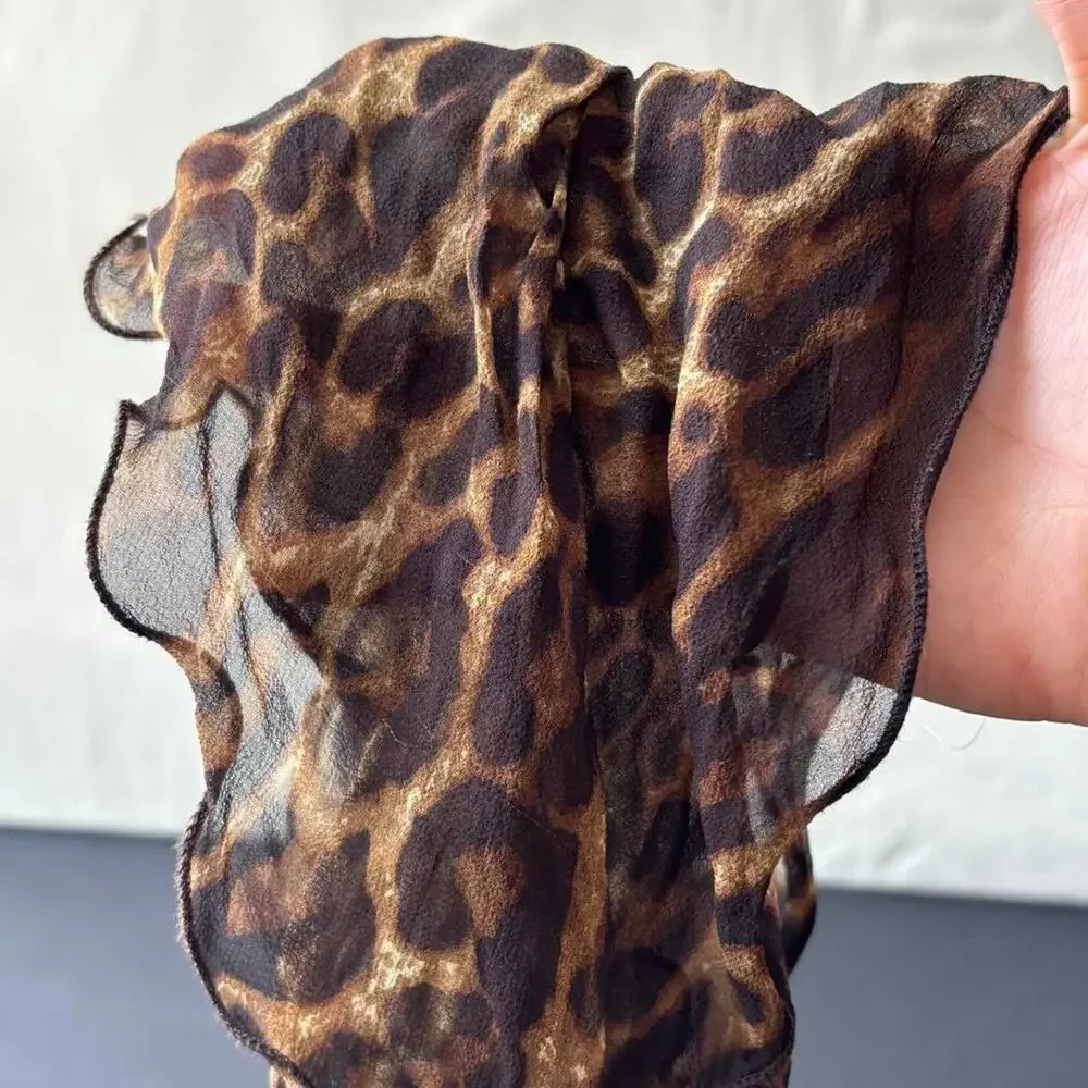 Vintage 100% Silk Sheer Leopard Print Ruffle Scarf
